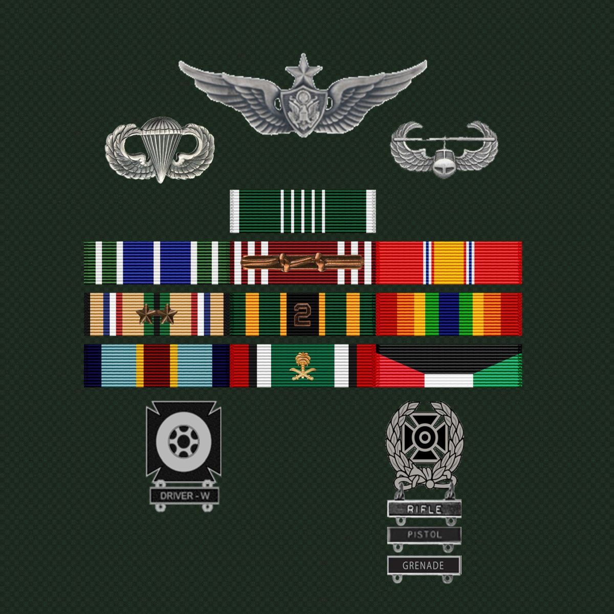 Brad Schlerf's military awards — Senior Aviator wings, parachutist wings, Air Assault badge, service ribbons, and expert marksman qualifications