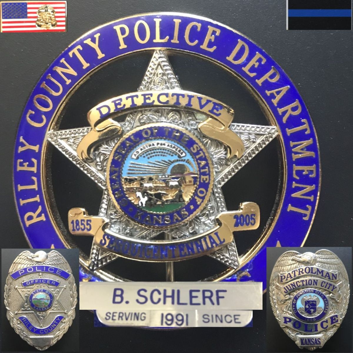 Detective B. Schlerf — Riley County Police Department badges, Junction City Police, serving since 1991
